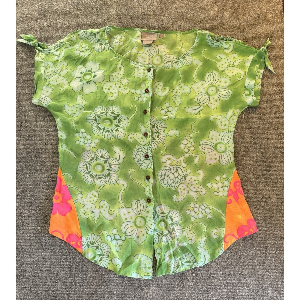 Vanessa Virginia Anthropologie Fata Morgana Green Silk Floral Top Blouse Size 2